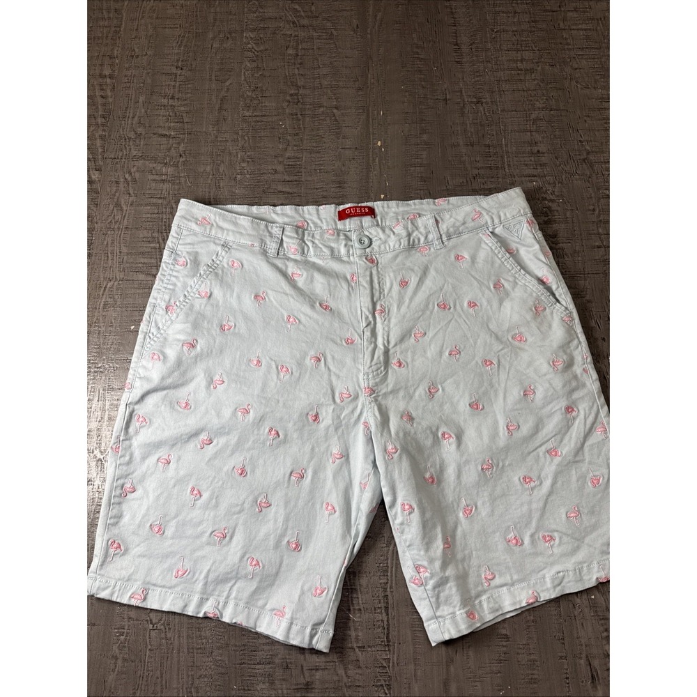 Guess Shorts Men's 40 Pink Flamingos Light Blue Cotton‎ Blend Beach Vacation